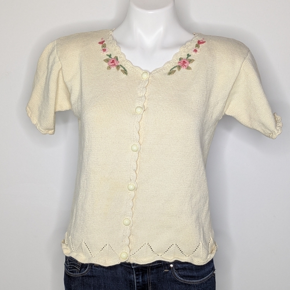 Vintage New Look Cream Pink Floral Novelty Button Up Cardigan Sweater S